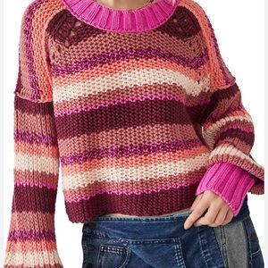 NWT - FREE PEOPLE DEVON OPEN KNIT SWEATER LONG SLEEVE SZ - XSMALL FUCHSIA ROSE